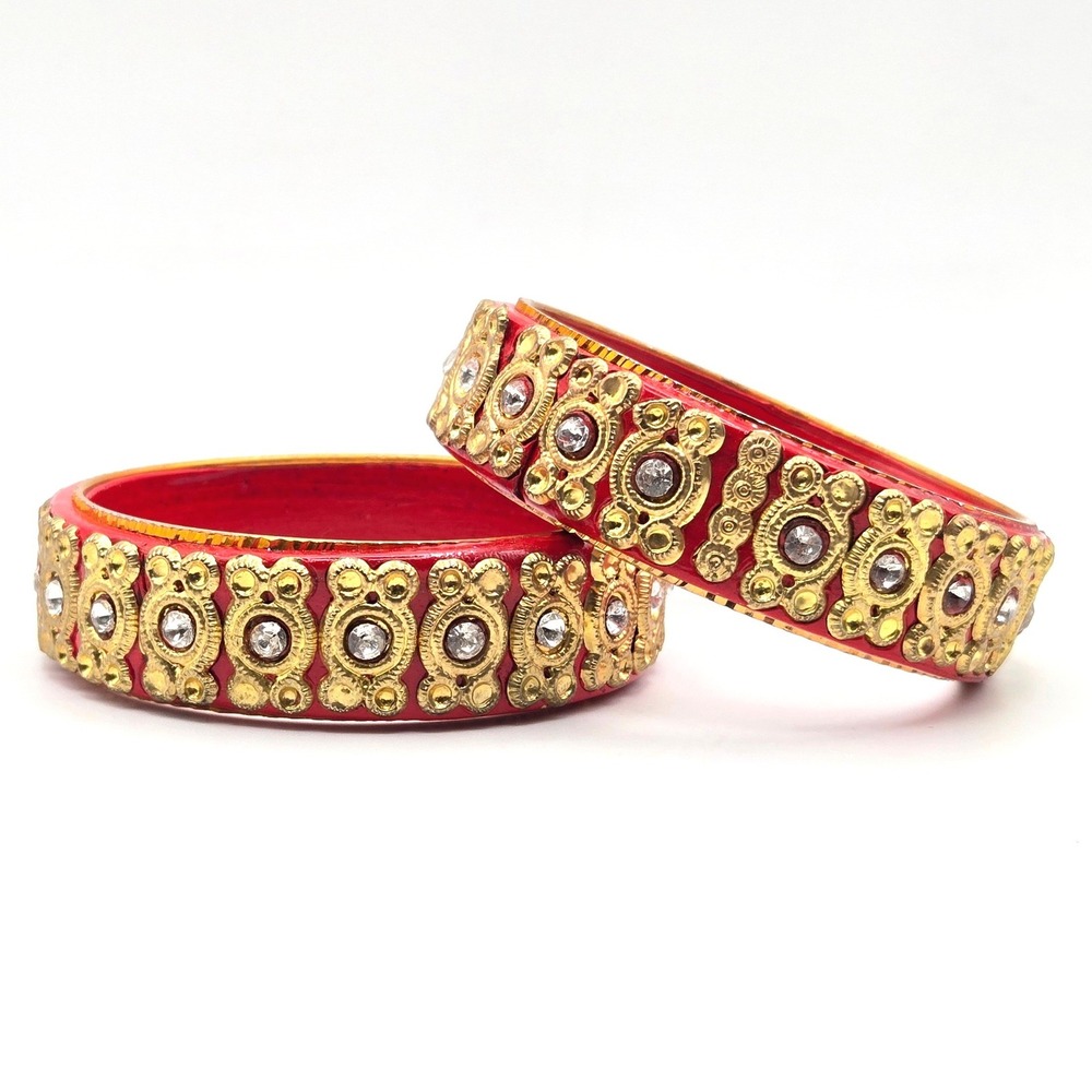 Red and‎ Gold Indian Lac Bangle Set Rhinestone Accented Ethnic Jewelry 2pc
